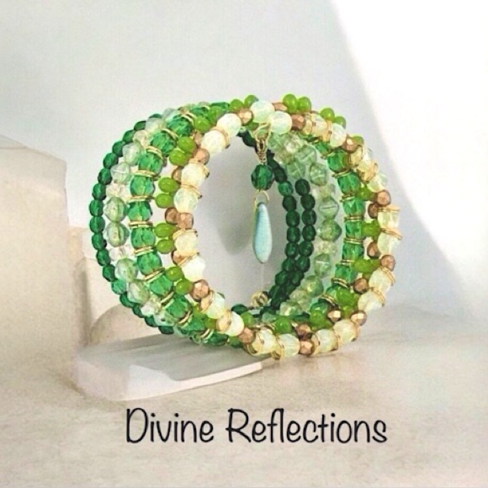 Green Multistrand Bracelet,Green Cuff,Bohemian Czech Glass,One Size Fits Most